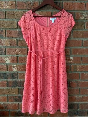 Motherhood Maternity Coral Lace Short Sleeve Dress with Self-Tie Waist